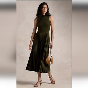 Ralph Lauren Pleated Sleeveless Mock Neck Midi Dress